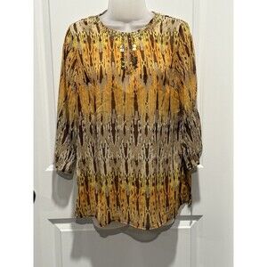 Jaclyn Smith Beaded Boho Blouse Small Yellow Brown 3/4 Sleeve‎ Top Shirt S